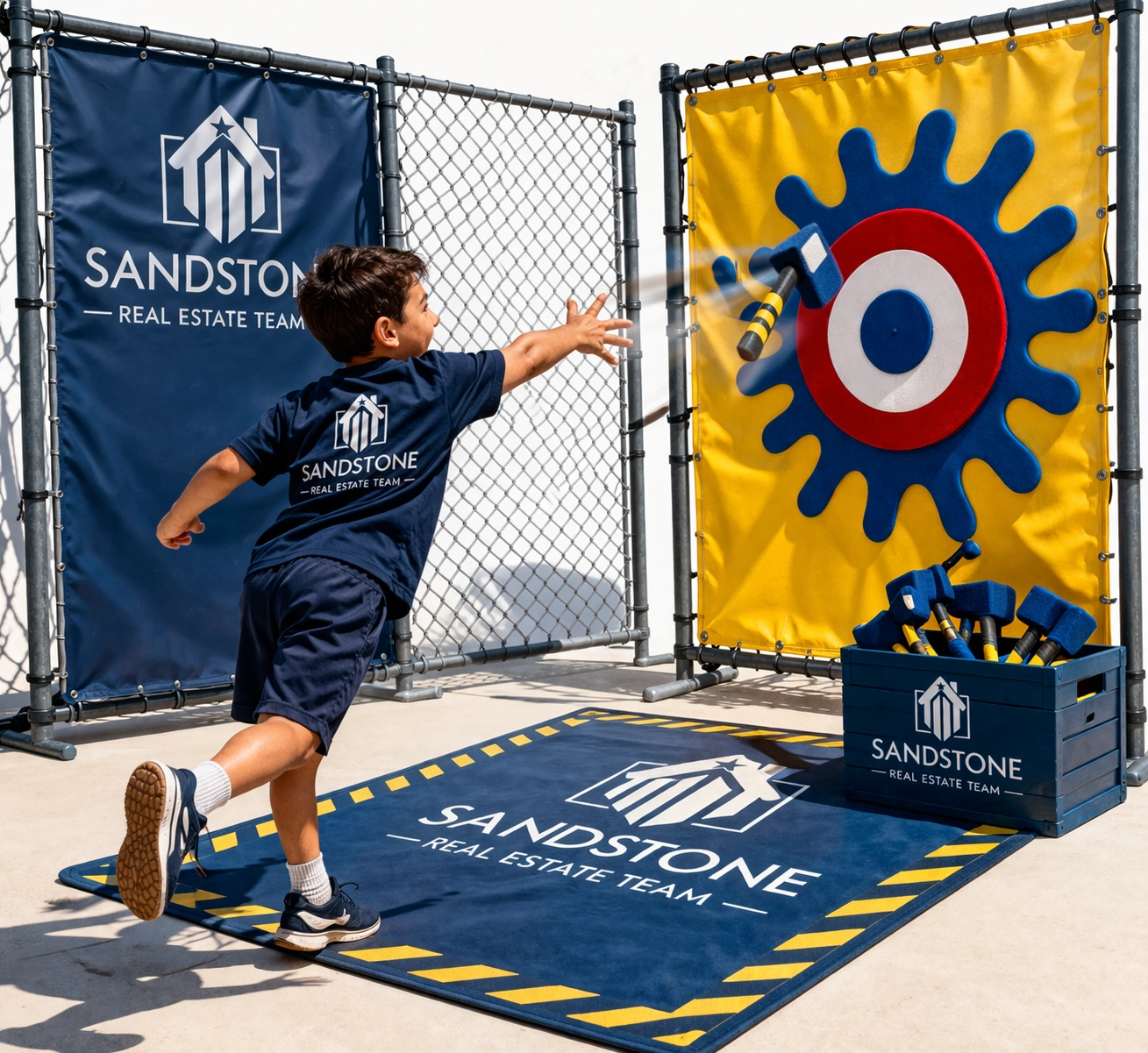 A young boy playing an interactive target game at a Sandstone Real Estate Team booth during a Día de los Niños event.